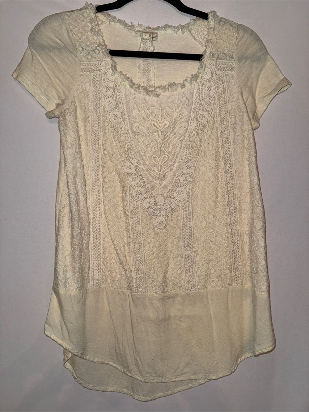 Anthropologie Cream Lace Panel Short Sleeve Blouse